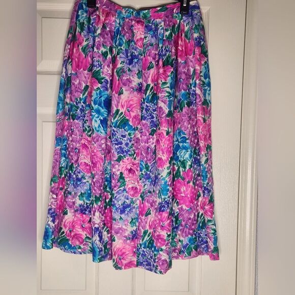 Vtg Unbranded 12 Mlticlrd 100% SILK Floral Print Folded Zipp Midi Women's Skirt - Picture 1 of 7